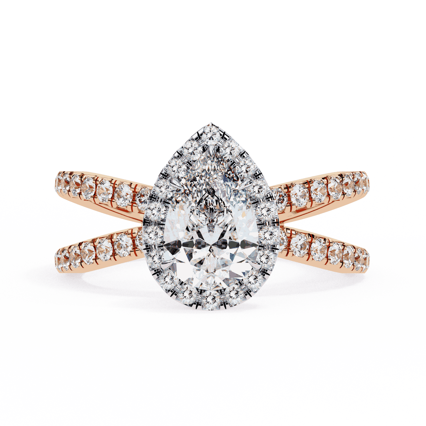 Pear Cut Lab Grown Diamond Halo Engagement Ring with Pavé Crossover Shank
