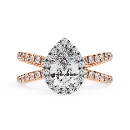 Pear Cut Lab Grown Diamond Halo Engagement Ring with Pavé Crossover Shank
