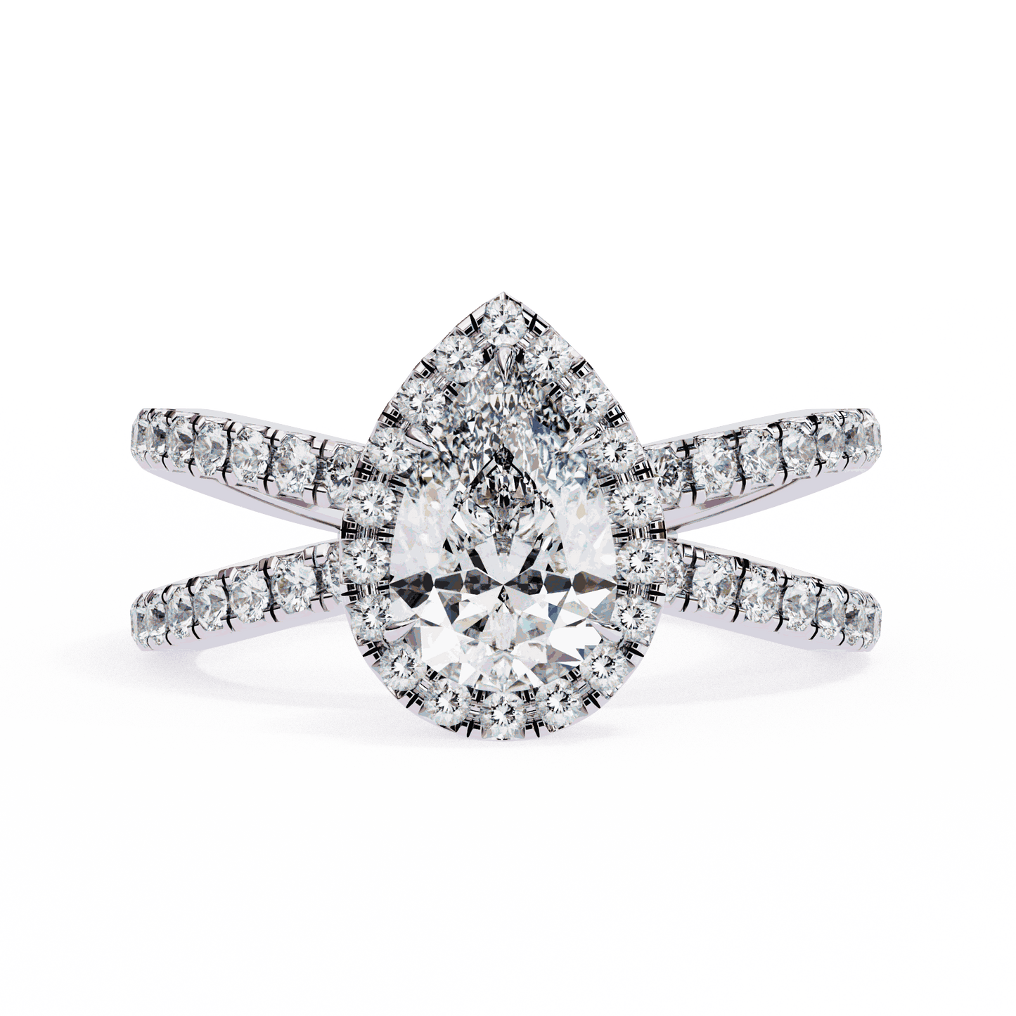 Pear Cut Lab Grown Diamond Halo Engagement Ring with Pavé Crossover Shank