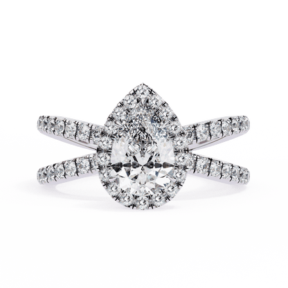 Pear Cut Lab Grown Diamond Halo Engagement Ring with Pavé Crossover Shank