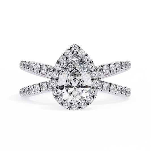 Pear Cut Lab Grown Diamond Halo Engagement Ring with Pavé Crossover Shank