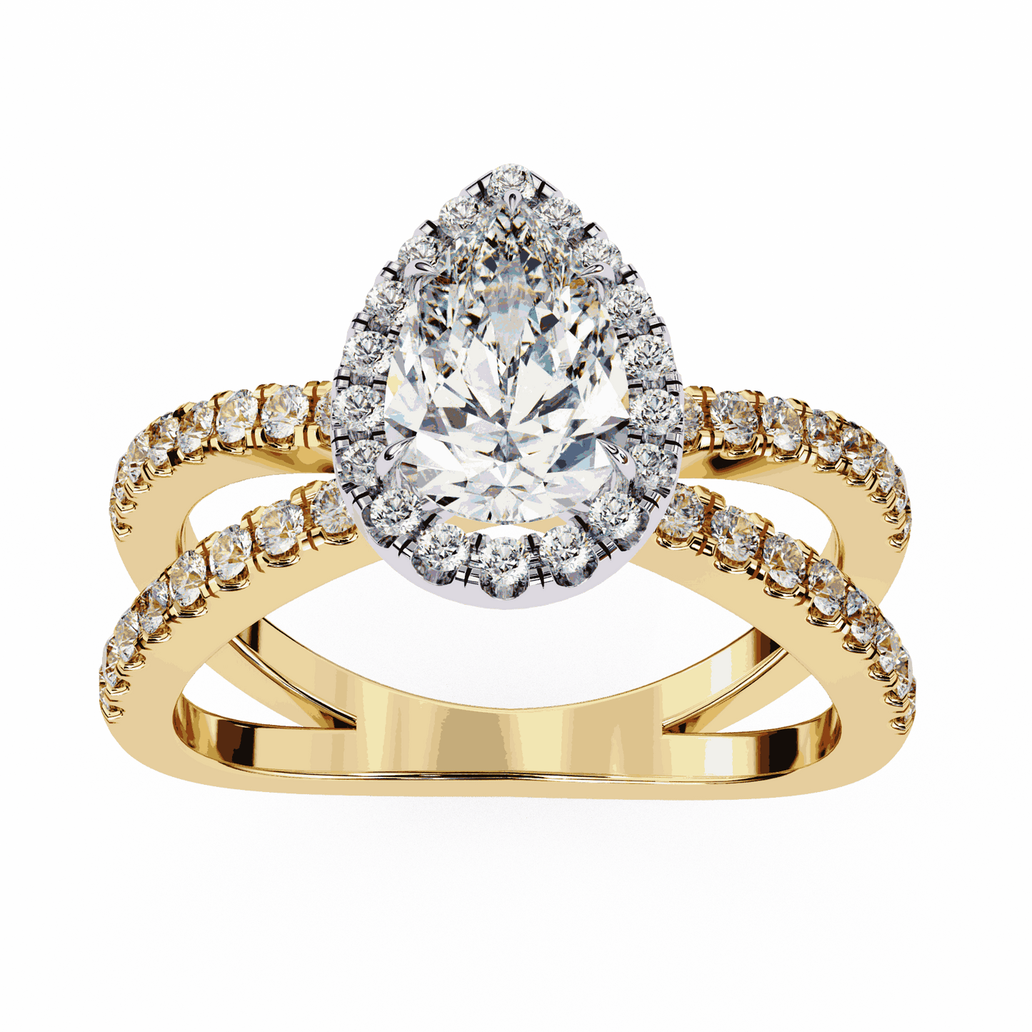 Pear Cut Lab Grown Diamond Halo Engagement Ring with Pavé Crossover Shank