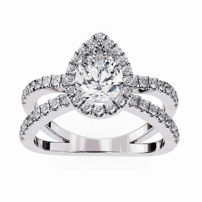 Pear Cut Lab Grown Diamond Halo Engagement Ring with Pavé Crossover Shank