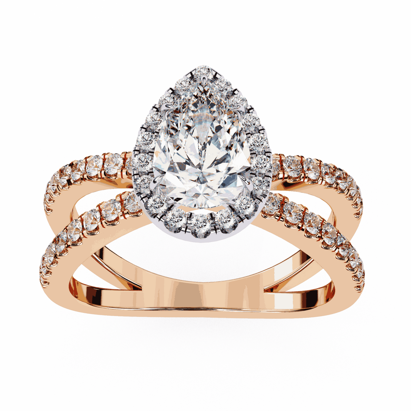 Pear Cut Lab Grown Diamond Halo Engagement Ring with Pavé Crossover Shank