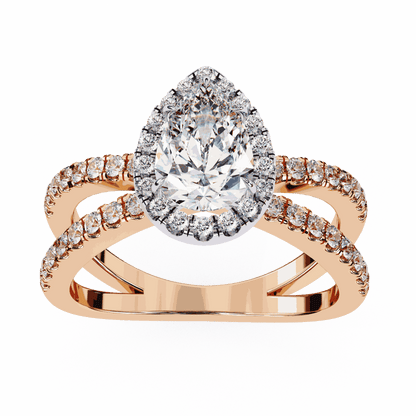 Pear Cut Lab Grown Diamond Halo Engagement Ring with Pavé Crossover Shank