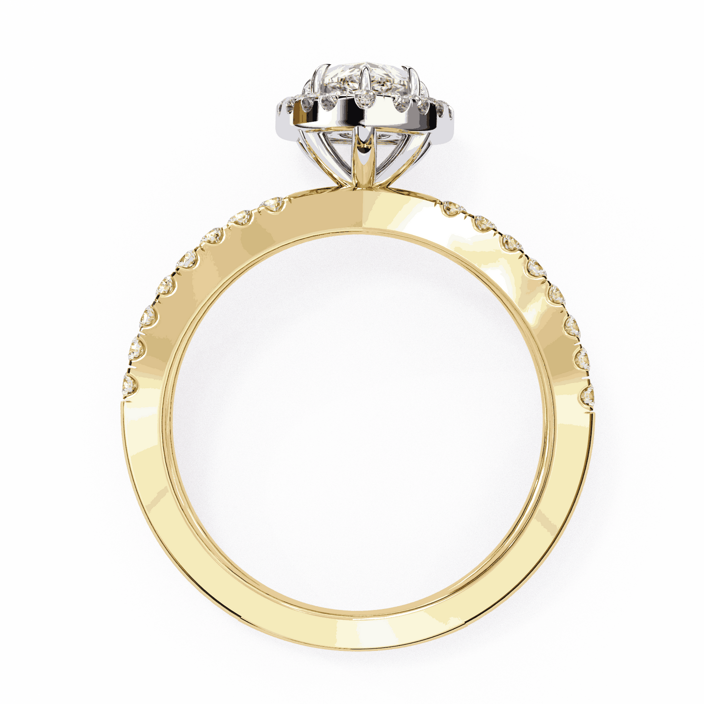 Pear Cut Lab Grown Diamond Halo Engagement Ring with Pavé Crossover Shank