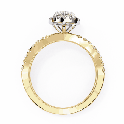 Pear Cut Lab Grown Diamond Halo Engagement Ring with Pavé Crossover Shank