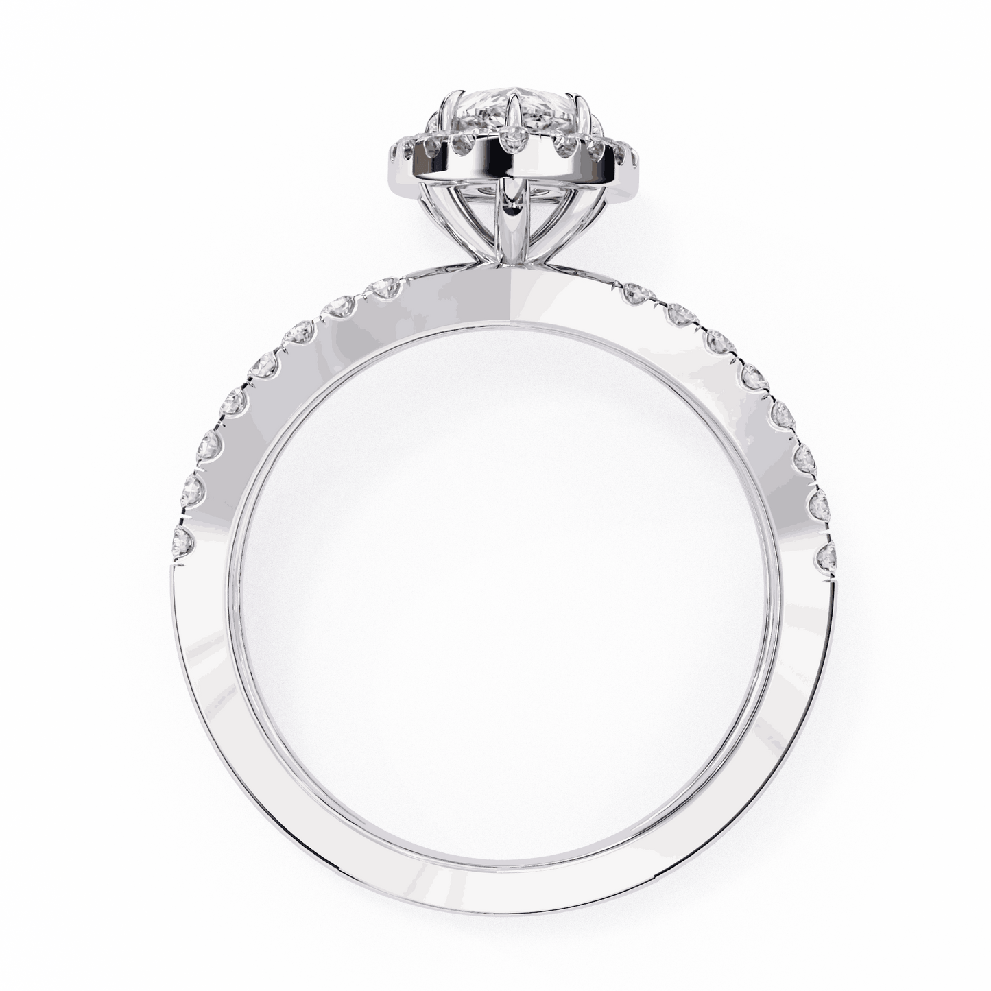 Pear Cut Lab Grown Diamond Halo Engagement Ring with Pavé Crossover Shank