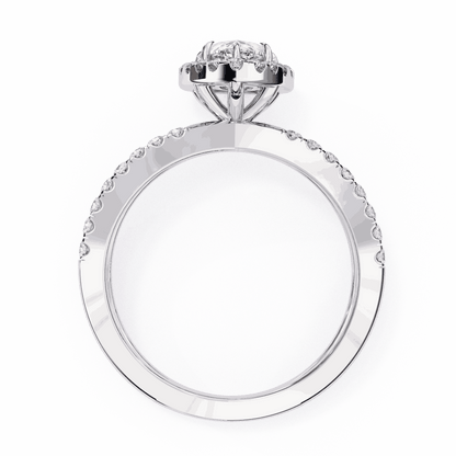 Pear Cut Lab Grown Diamond Halo Engagement Ring with Pavé Crossover Shank