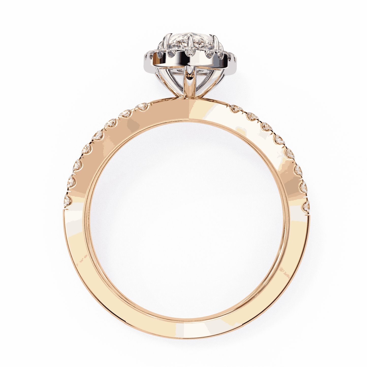 Pear Cut Lab Grown Diamond Halo Engagement Ring with Pavé Crossover Shank