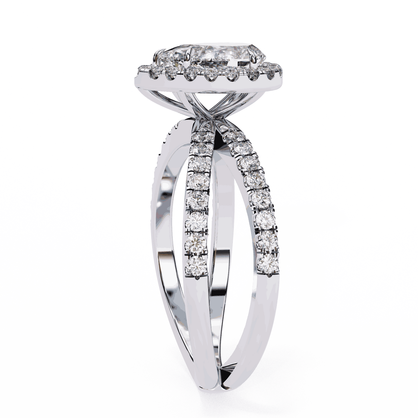 Pear Cut Lab Grown Diamond Halo Engagement Ring with Pavé Crossover Shank