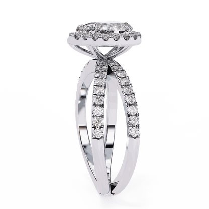 Pear Cut Lab Grown Diamond Halo Engagement Ring with Pavé Crossover Shank