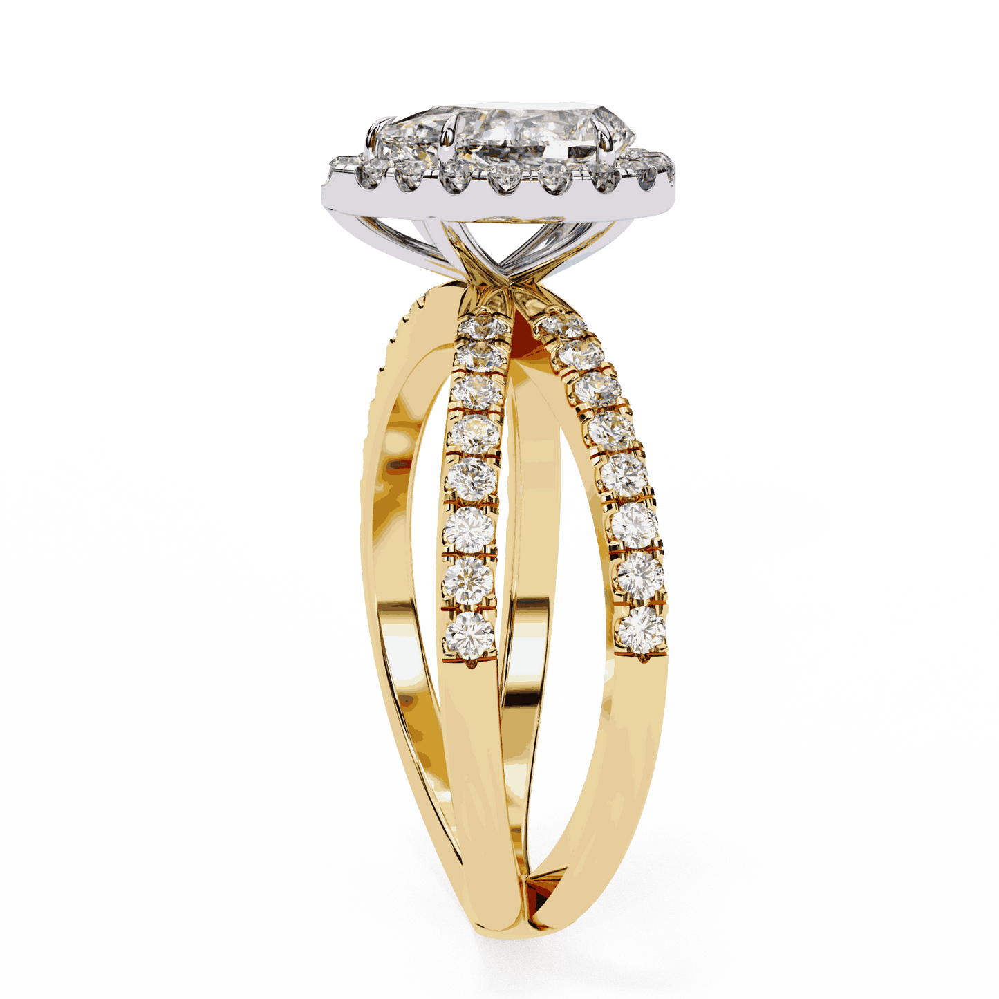 Pear Cut Lab Grown Diamond Halo Engagement Ring with Pavé Crossover Shank