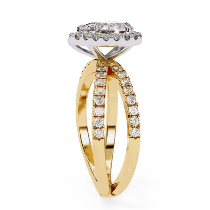 Pear Cut Lab Grown Diamond Halo Engagement Ring with Pavé Crossover Shank