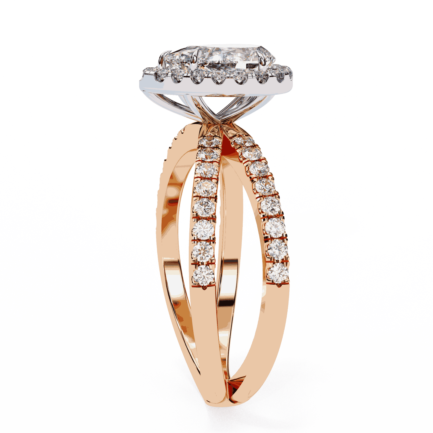 Pear Cut Lab Grown Diamond Halo Engagement Ring with Pavé Crossover Shank