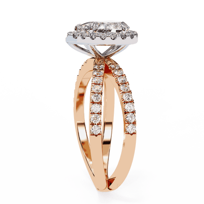 Pear Cut Lab Grown Diamond Halo Engagement Ring with Pavé Crossover Shank
