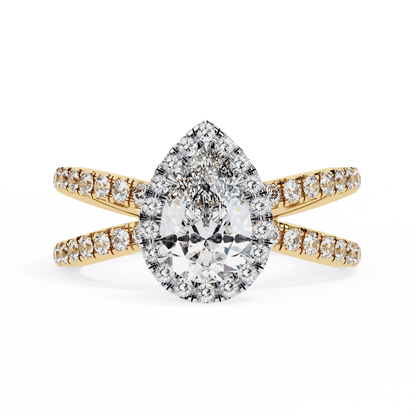 Pear Cut Lab Grown Diamond Halo Engagement Ring with Pavé Crossover Shank