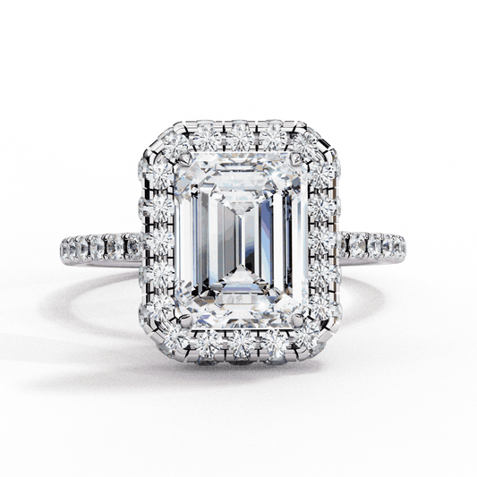 Emerald Cut Lab Grown Diamond Halo Engagement Ring with Large Stone Halo