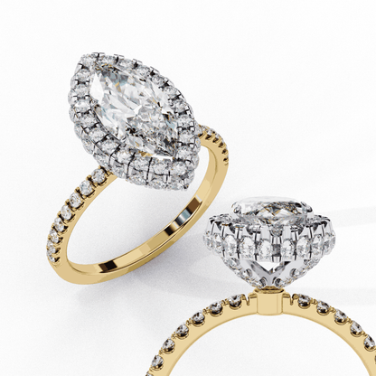 Marquise Cut Lab Grown Diamond Halo Engagement Ring with Large Stone Halo and V-Tip Prongs