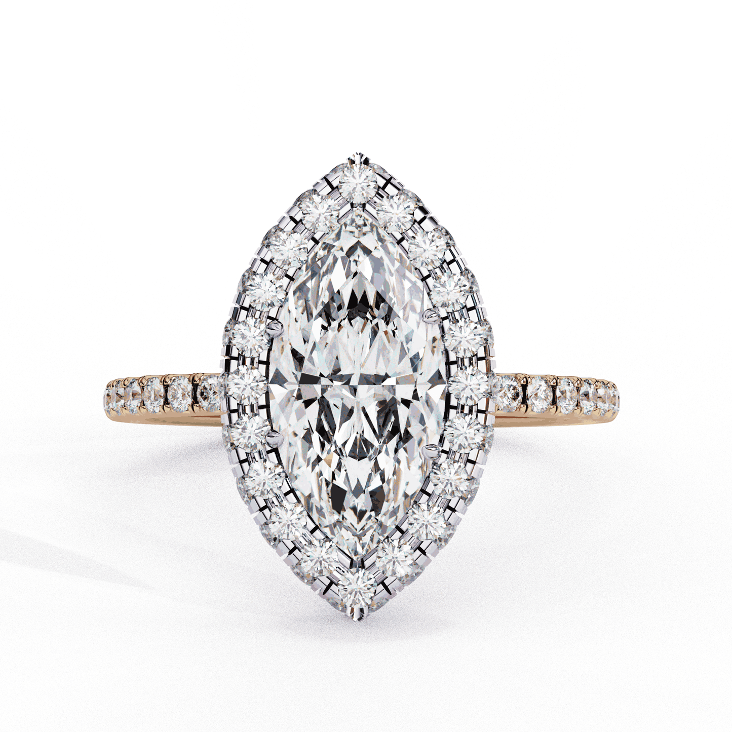 Marquise Cut Lab Grown Diamond Halo Engagement Ring with Large Stone Halo and V-Tip Prongs