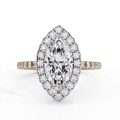 Marquise Cut Lab Grown Diamond Halo Engagement Ring with Large Stone Halo and V-Tip Prongs