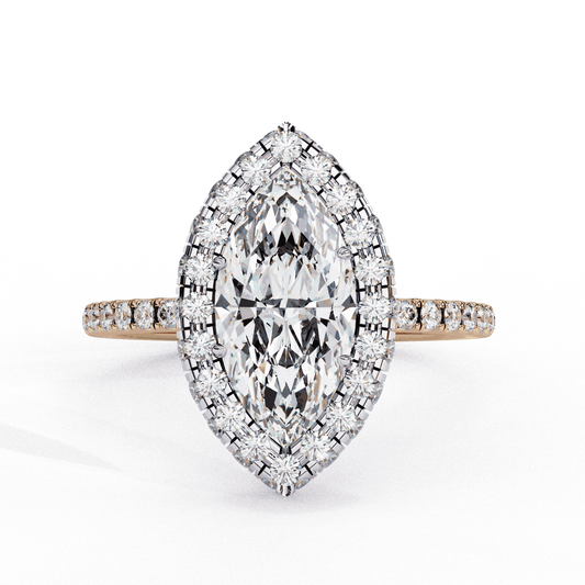 Marquise Cut Lab Grown Diamond Halo Engagement Ring with Large Stone Halo and V-Tip Prongs
