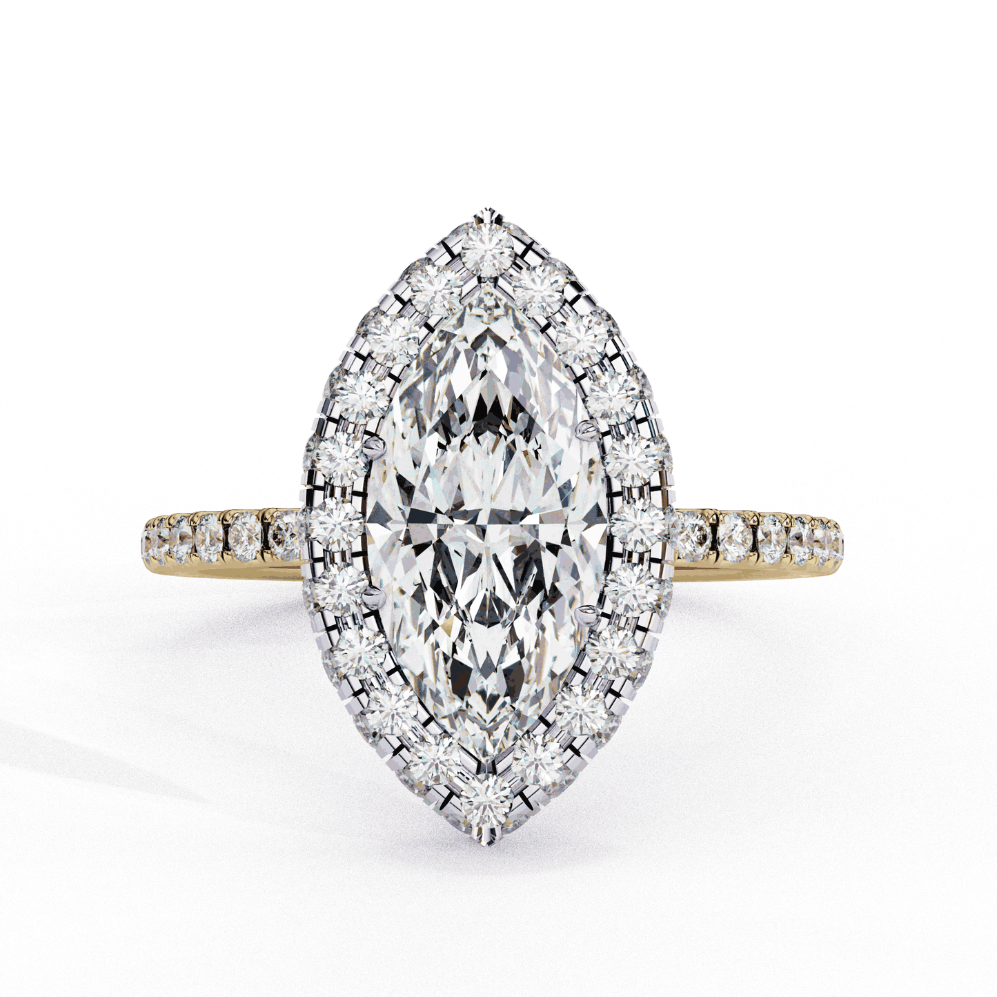 Marquise Cut Lab Grown Diamond Halo Engagement Ring with Large Stone Halo and V-Tip Prongs