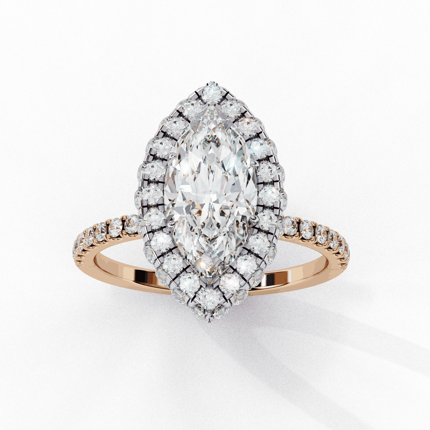Marquise Cut Lab Grown Diamond Halo Engagement Ring with Large Stone Halo and V-Tip Prongs