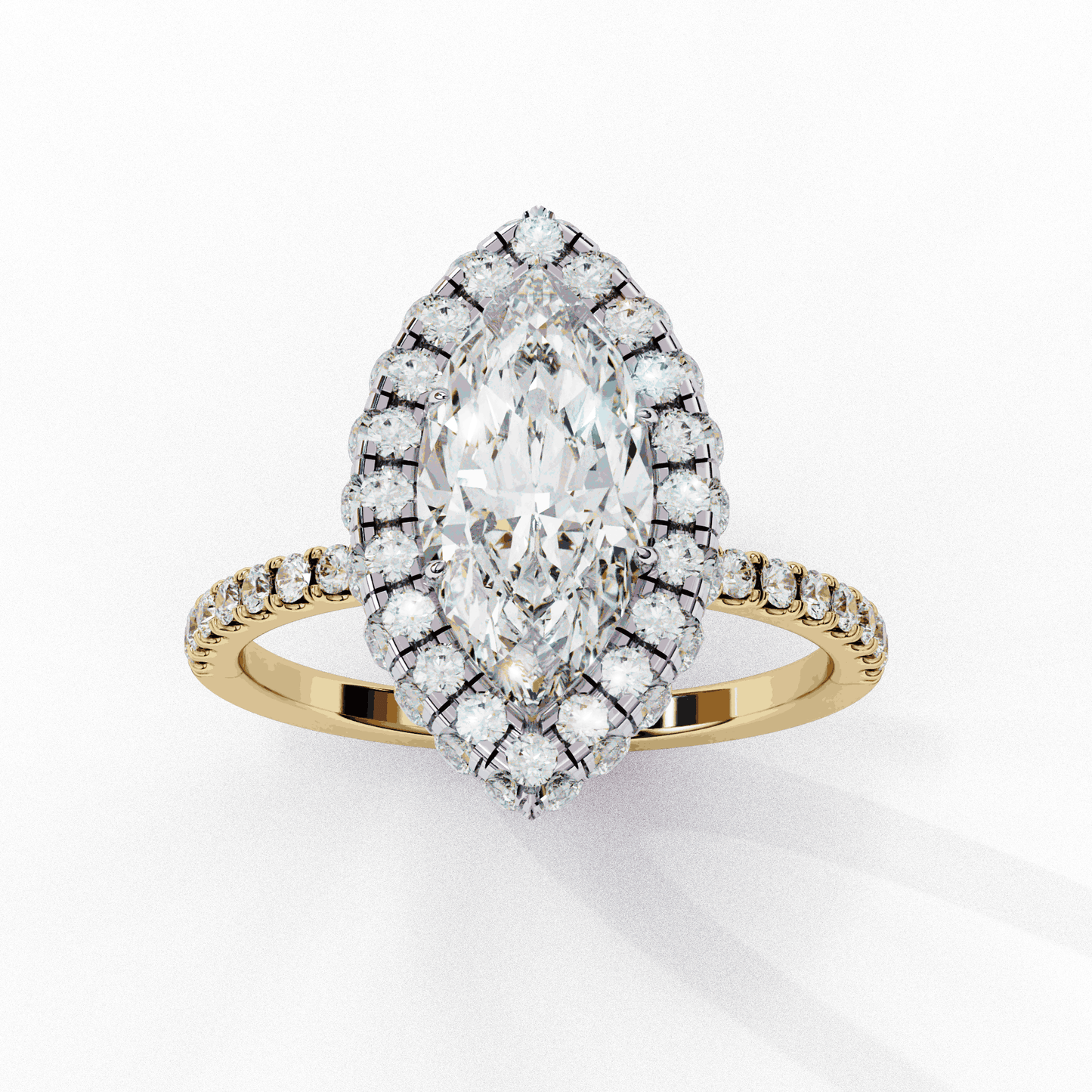 Marquise Cut Lab Grown Diamond Halo Engagement Ring with Large Stone Halo and V-Tip Prongs