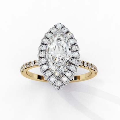 Marquise Cut Lab Grown Diamond Halo Engagement Ring with Large Stone Halo and V-Tip Prongs