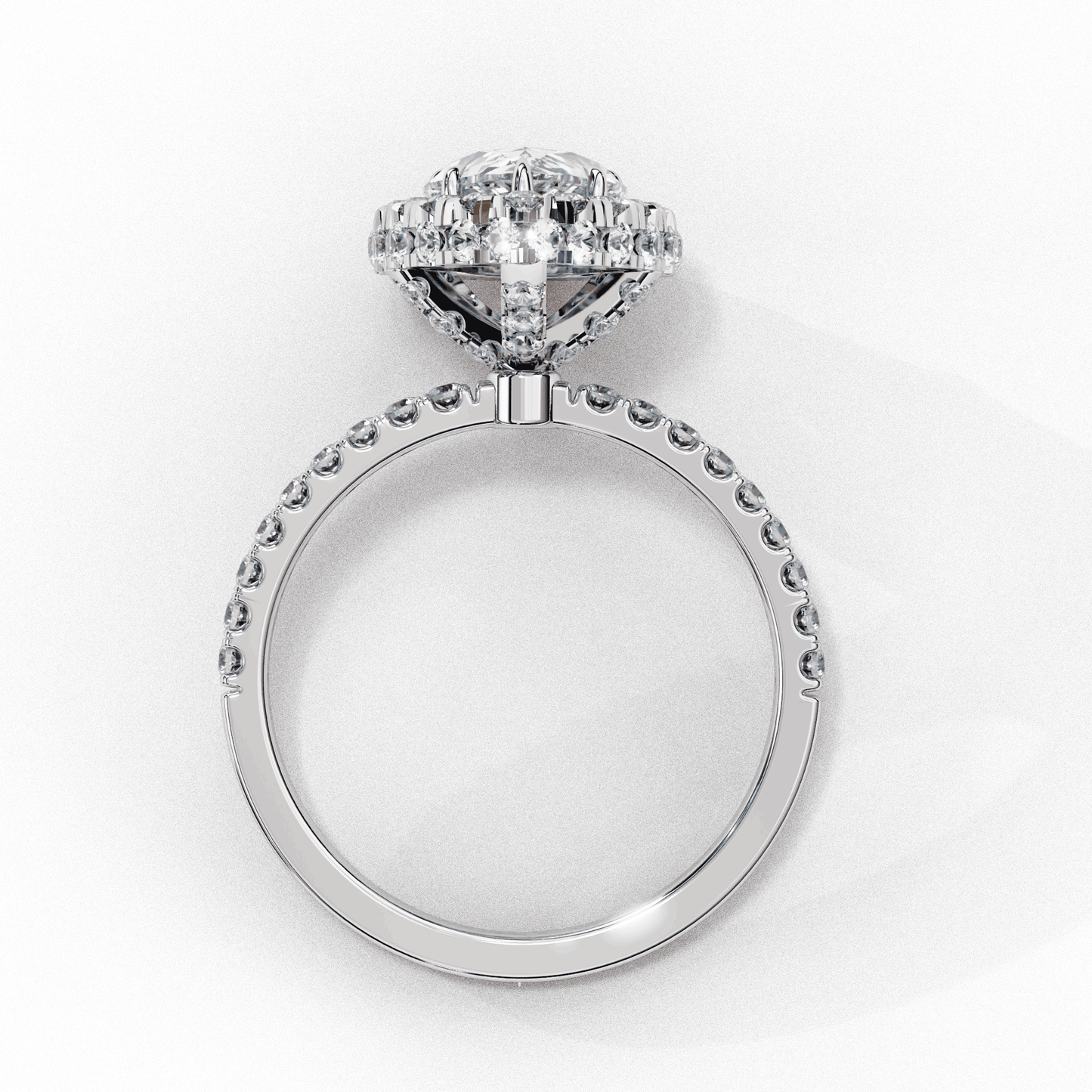 Pear Cut Lab Grown Diamond Halo Engagement Ring with Large Stone Halo and V-Tip Prong