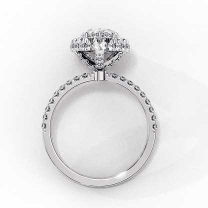 Pear Cut Lab Grown Diamond Halo Engagement Ring with Large Stone Halo and V-Tip Prong