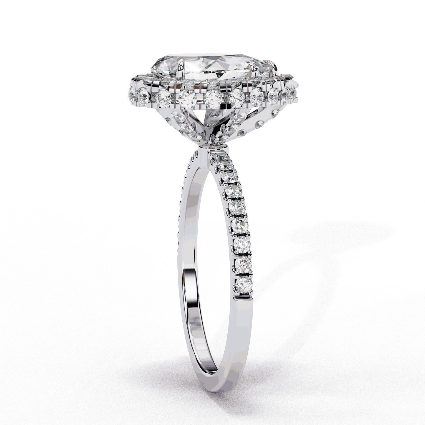 Pear Cut Lab Grown Diamond Halo Engagement Ring with Large Stone Halo and V-Tip Prong