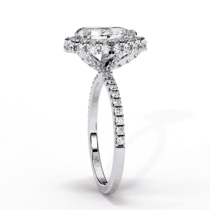 Pear Cut Lab Grown Diamond Halo Engagement Ring with Large Stone Halo and V-Tip Prong