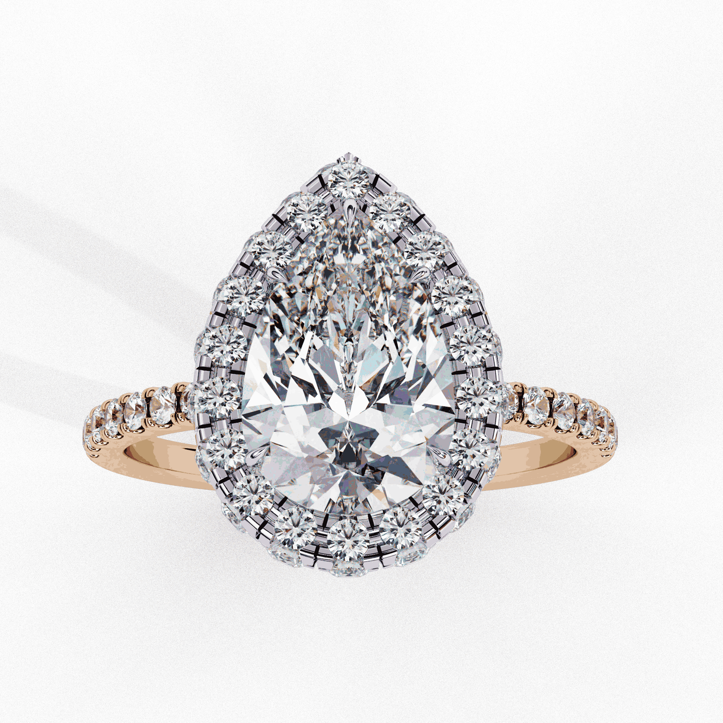 Pear Cut Lab Grown Diamond Halo Engagement Ring with Large Stone Halo and V-Tip Prong