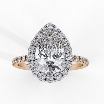 Pear Cut Lab Grown Diamond Halo Engagement Ring with Large Stone Halo and V-Tip Prong