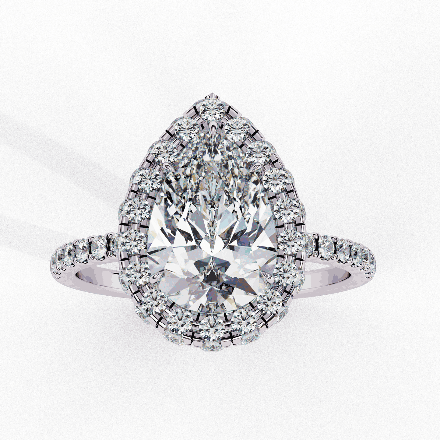 Pear Cut Lab Grown Diamond Halo Engagement Ring with Large Stone Halo and V-Tip Prong