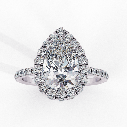 Pear Cut Lab Grown Diamond Halo Engagement Ring with Large Stone Halo and V-Tip Prong