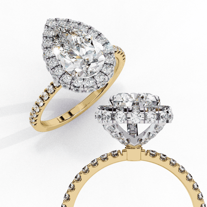 Pear Cut Lab Grown Diamond Halo Engagement Ring with Large Stone Halo and V-Tip Prong