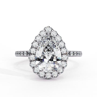 Pear Cut Lab Grown Diamond Halo Engagement Ring with Large Stone Halo and V-Tip Prong
