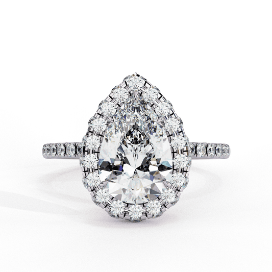 Pear Cut Lab Grown Diamond Halo Engagement Ring with Large Stone Halo and V-Tip Prong