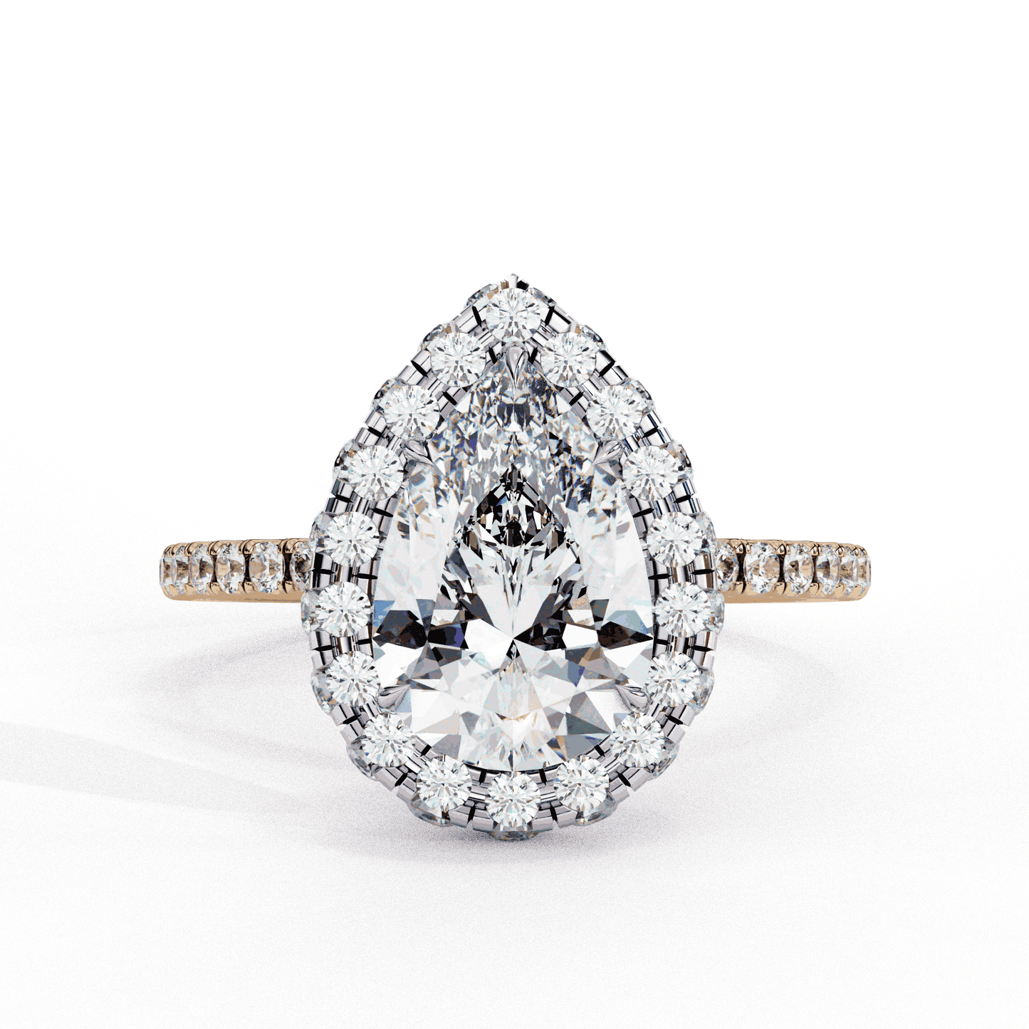 Pear Cut Lab Grown Diamond Halo Engagement Ring with Large Stone Halo and V-Tip Prong