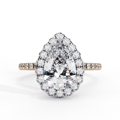 Pear Cut Lab Grown Diamond Halo Engagement Ring with Large Stone Halo and V-Tip Prong