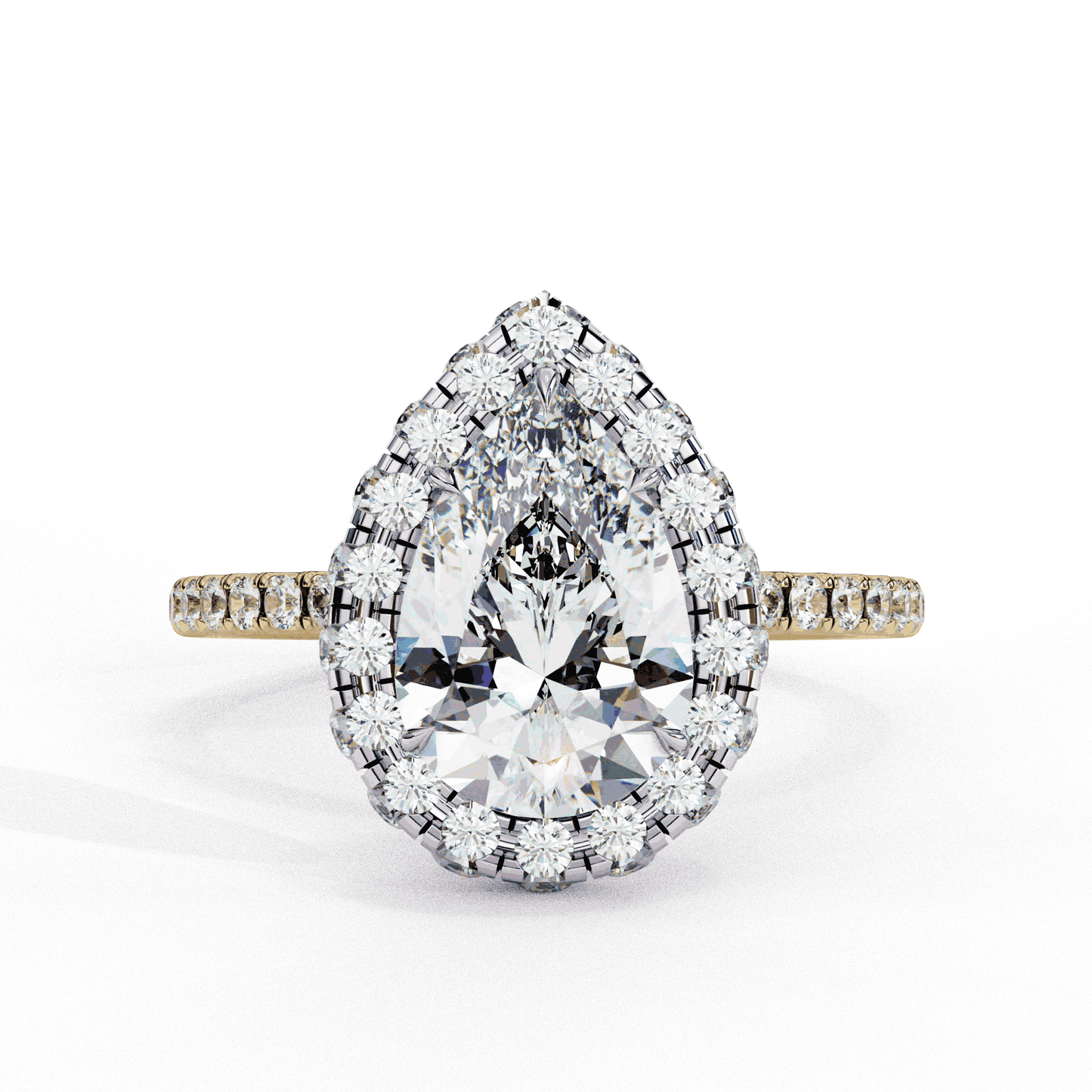 Pear Cut Lab Grown Diamond Halo Engagement Ring with Large Stone Halo and V-Tip Prong