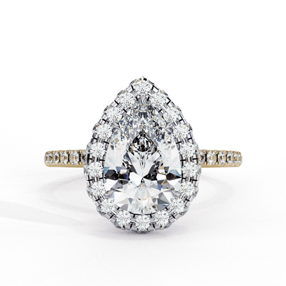 Pear Cut Lab Grown Diamond Halo Engagement Ring with Large Stone Halo and V-Tip Prong