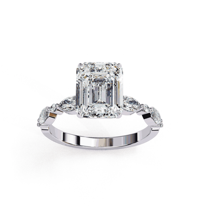 Emerald Cut Lab Grown Diamond Pave Engagement Ring with Marquise and Round Accent Shoulders