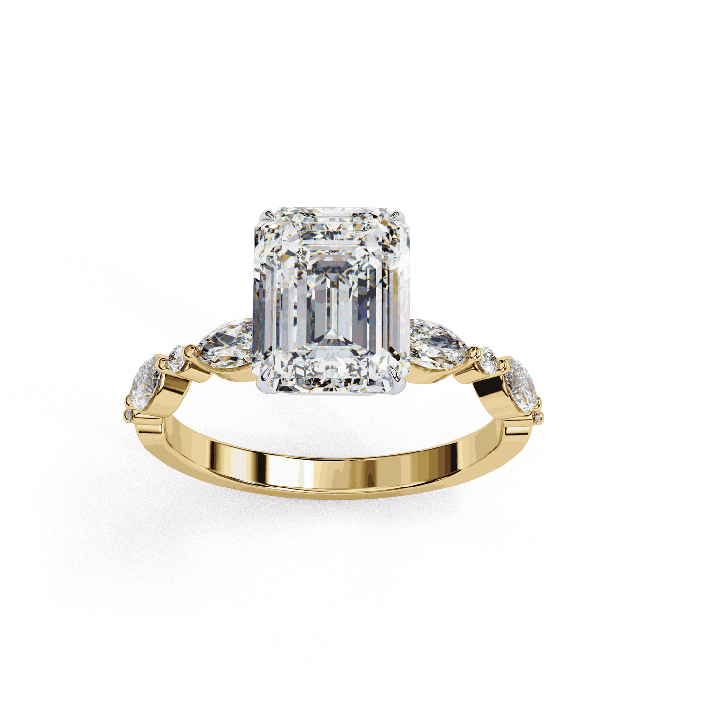 Emerald Cut Lab Grown Diamond Pave Engagement Ring with Marquise and Round Accent Shoulders