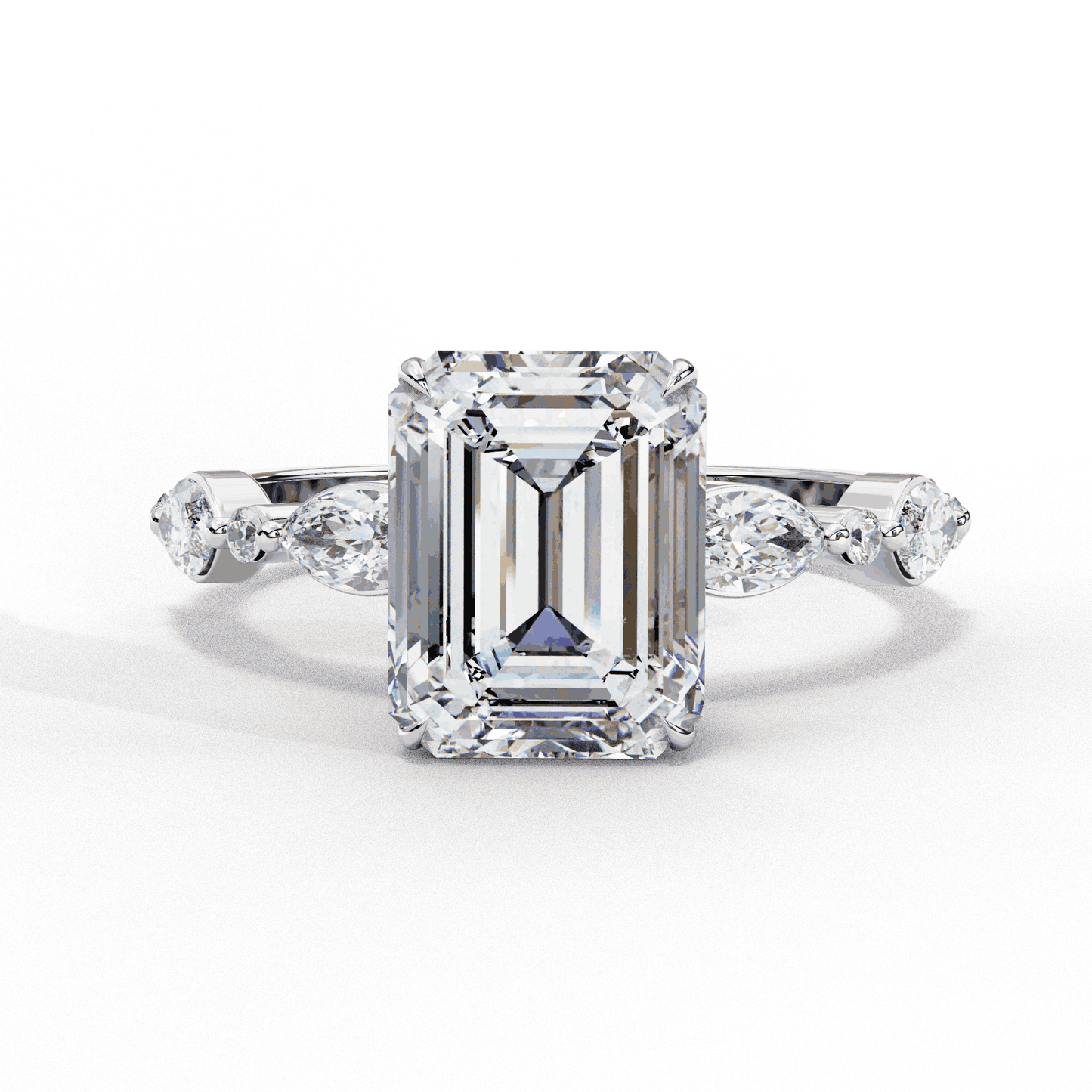 Emerald Cut Lab Grown Diamond Pave Engagement Ring with Marquise and Round Accent Shoulders