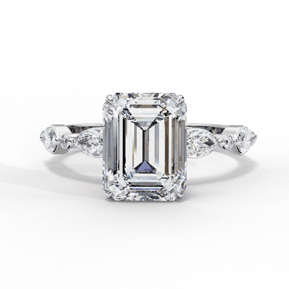 Emerald Cut Lab Grown Diamond Pave Engagement Ring with Marquise and Round Accent Shoulders