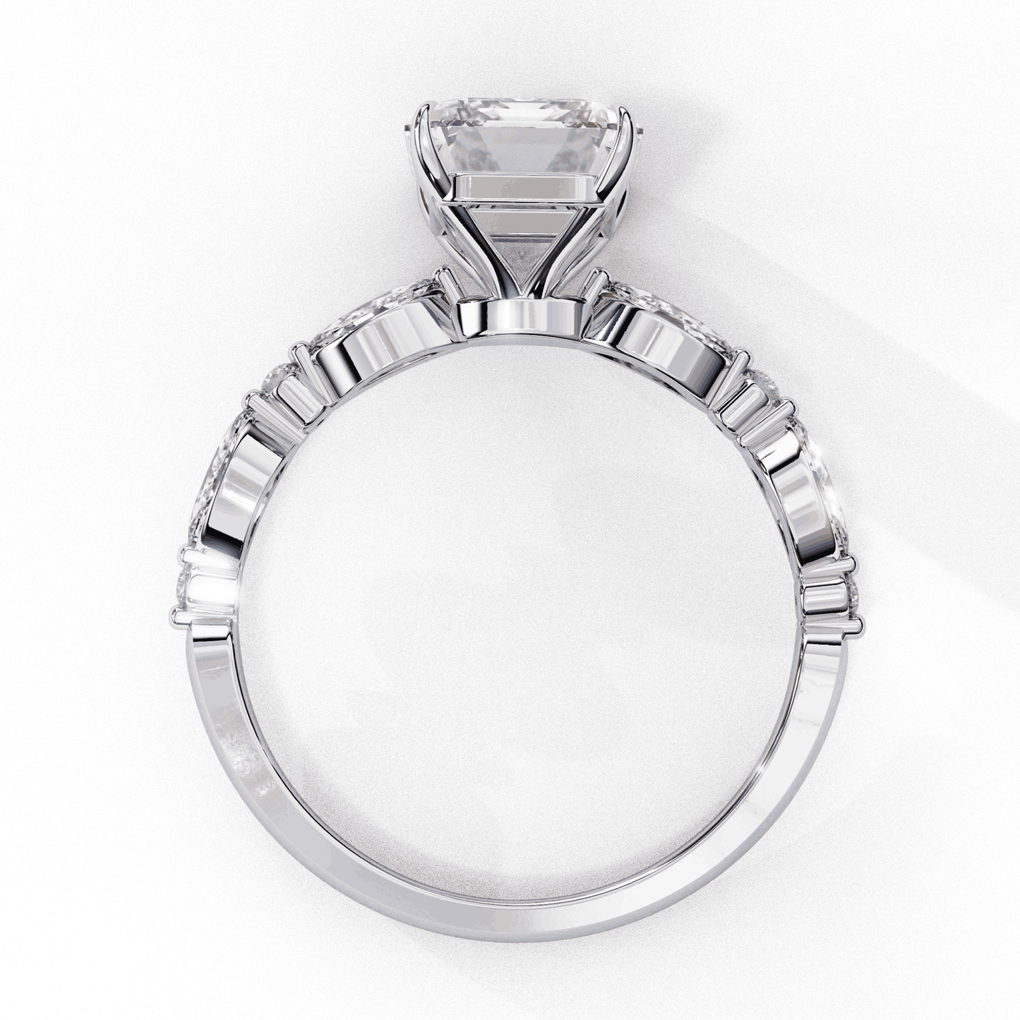 Emerald Cut Lab Grown Diamond Pave Engagement Ring with Marquise and Round Accent Shoulders